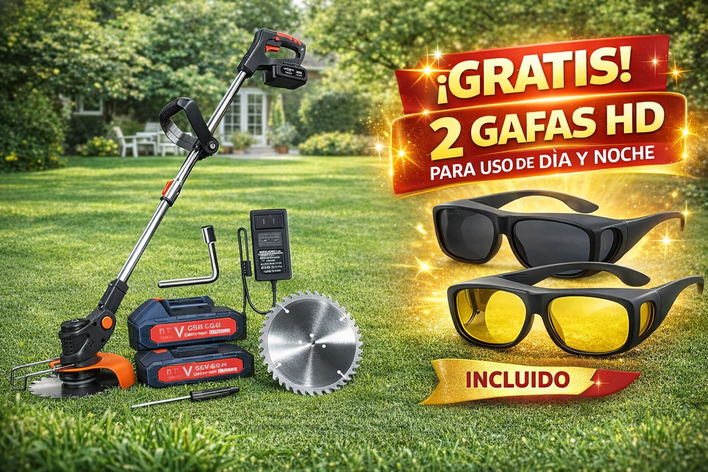 CORTADORA DE CÉSPED CON DOS BATERÍAS + DOS GAFAS DE VISIÓN HD GRÁTIS