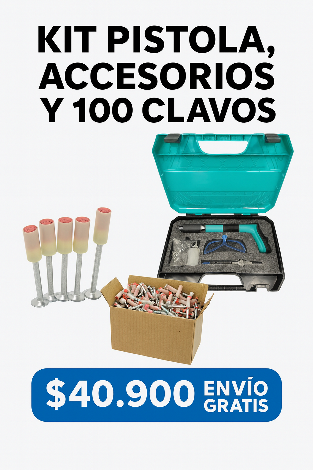 KIT PISTOLA DE CLAVOS AUTOMÁTICA +  100 CLAVOS FULMINANTES