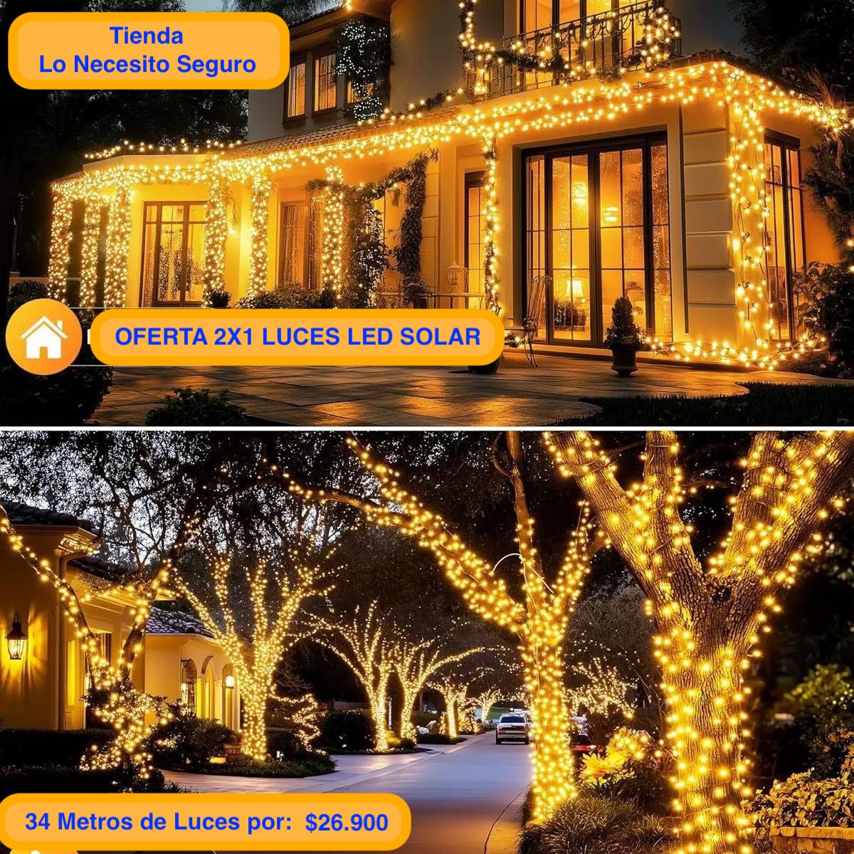 PACK 2X1 Luces Solares Navidenas De 17 Metros (Luz Amarilla o Multicolor)