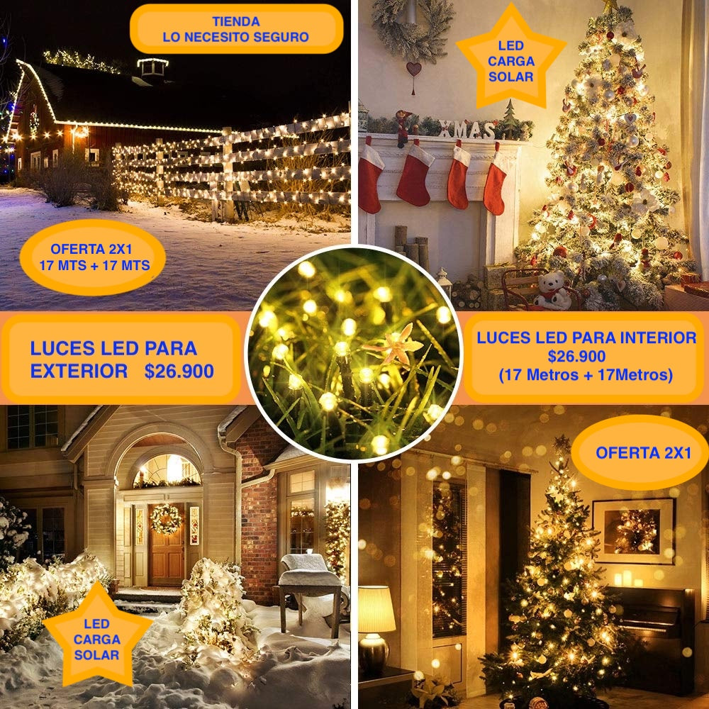PACK 2X1 Luces Solares Navidenas De 17 Metros (Luz Amarilla o Multicolor)